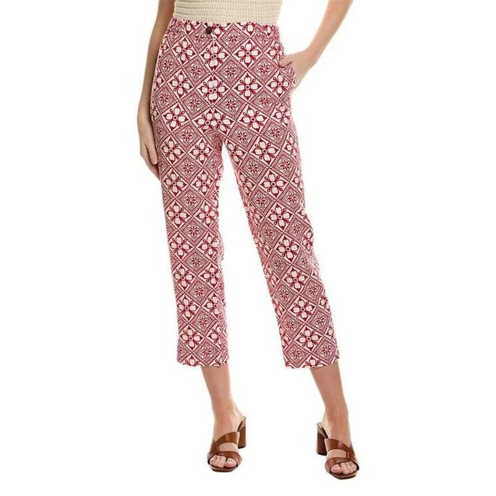 Boden Red White Floral Tile Print 100% Linen Cropped Straight Leg Pants US 12